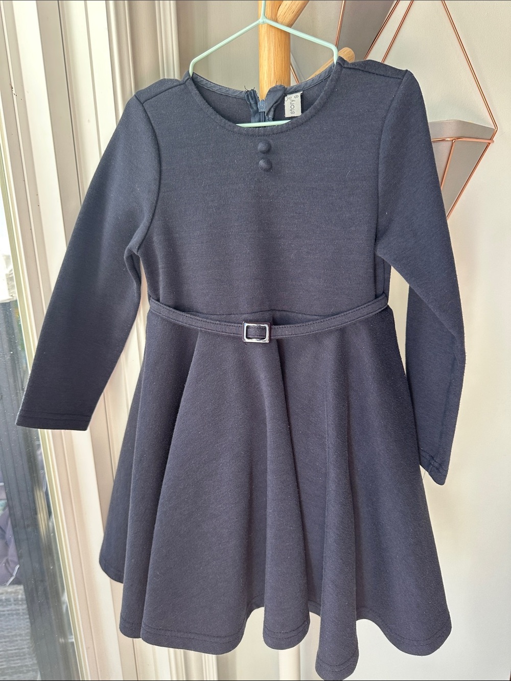 Girls Navy Blue Long-Sleeve Belted Skater Dress Built in Crinoline Size 6
